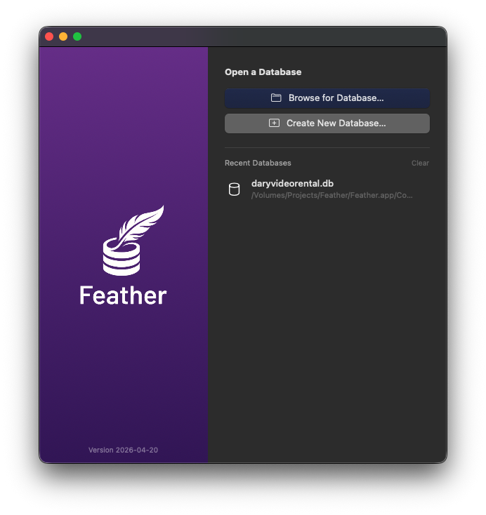 Feather — welcome screen