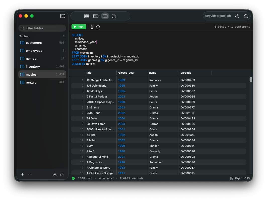 Feather — browsing a SQLite table with filter and sort